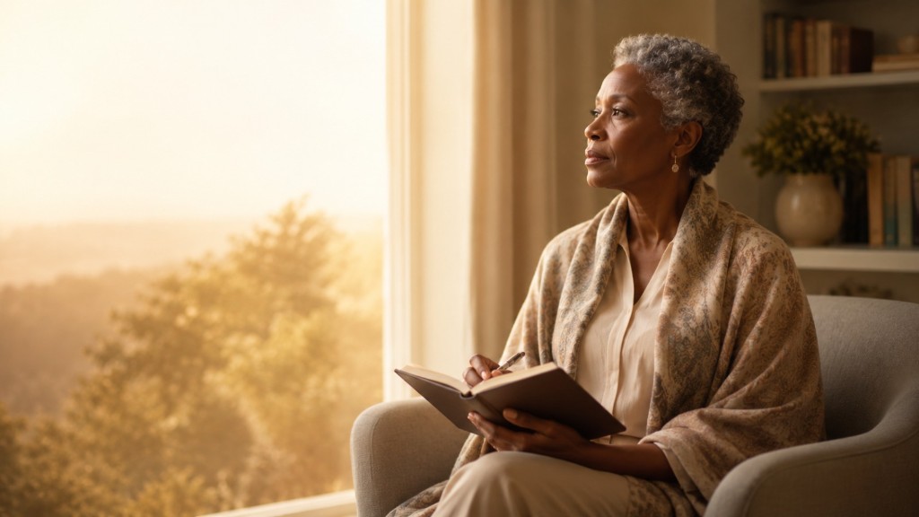 A mature woman reflecting with a journal beside a sunlit window.