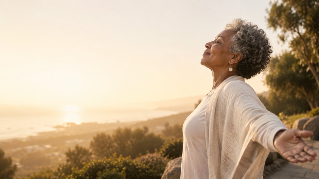 A mature woman in a peaceful outdoor moment of release and emotional freedom.